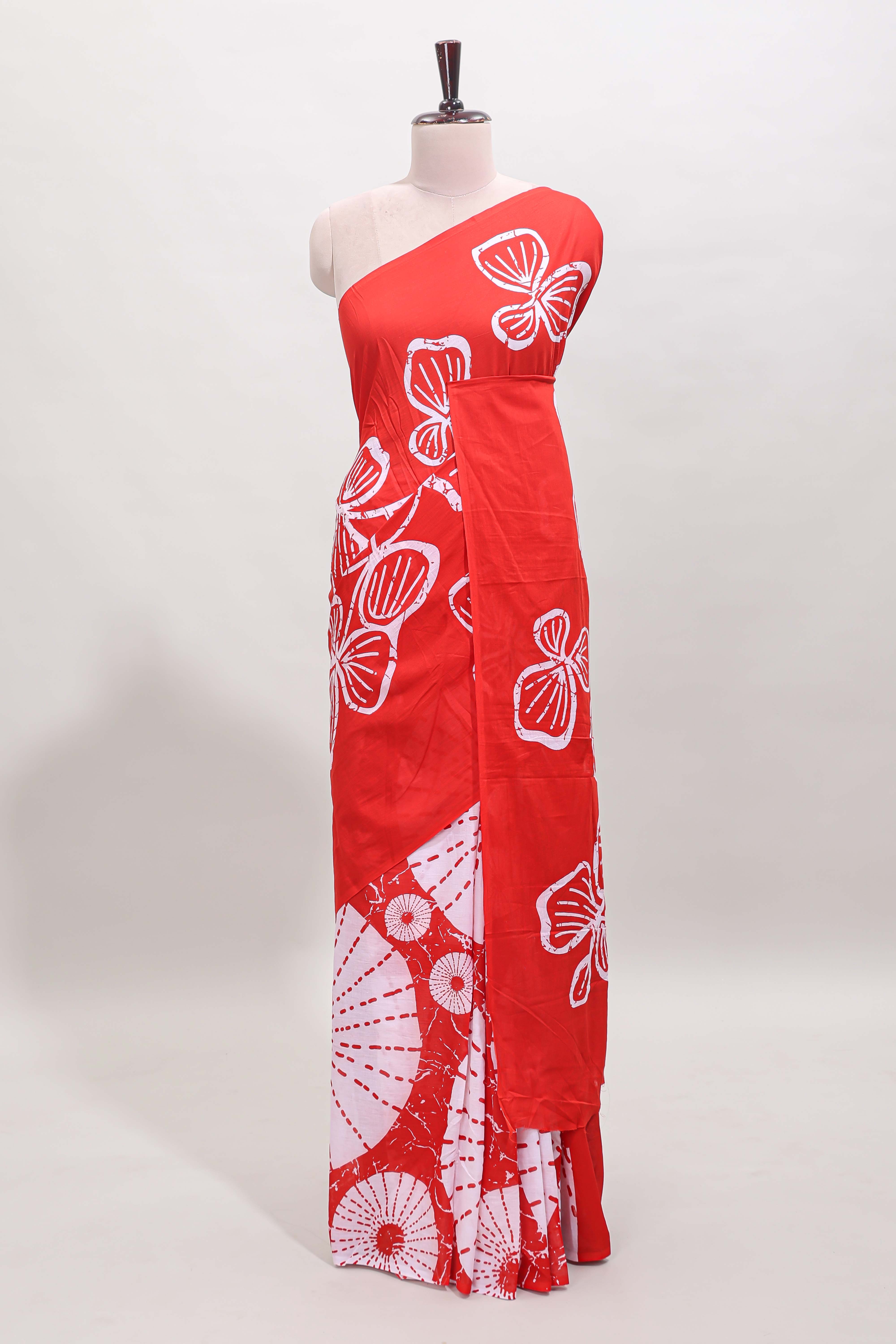 Borderless red floral design mul mul cotton saree with matching blouse