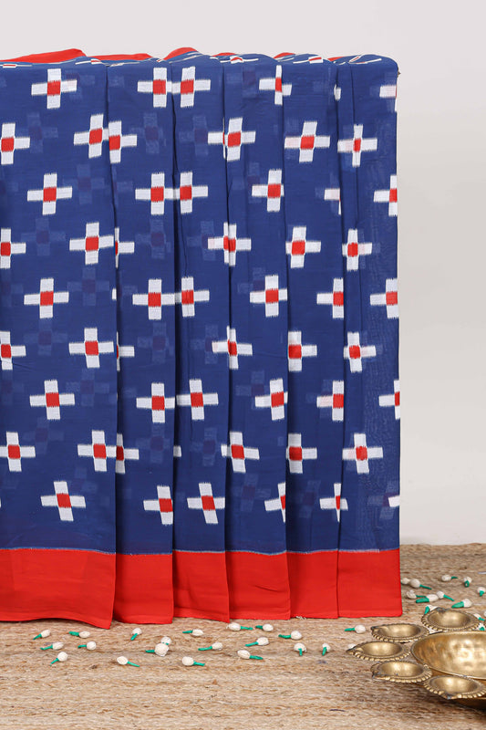 Blue geometric motifs mul mul cotton saree with contrast border and printed blouse