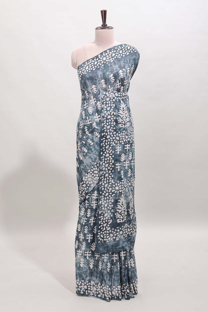 Borderless grey dabu print mul mul cotton saree with matching blouse