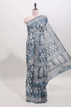 Borderless grey dabu print mul mul cotton saree with matching blouse