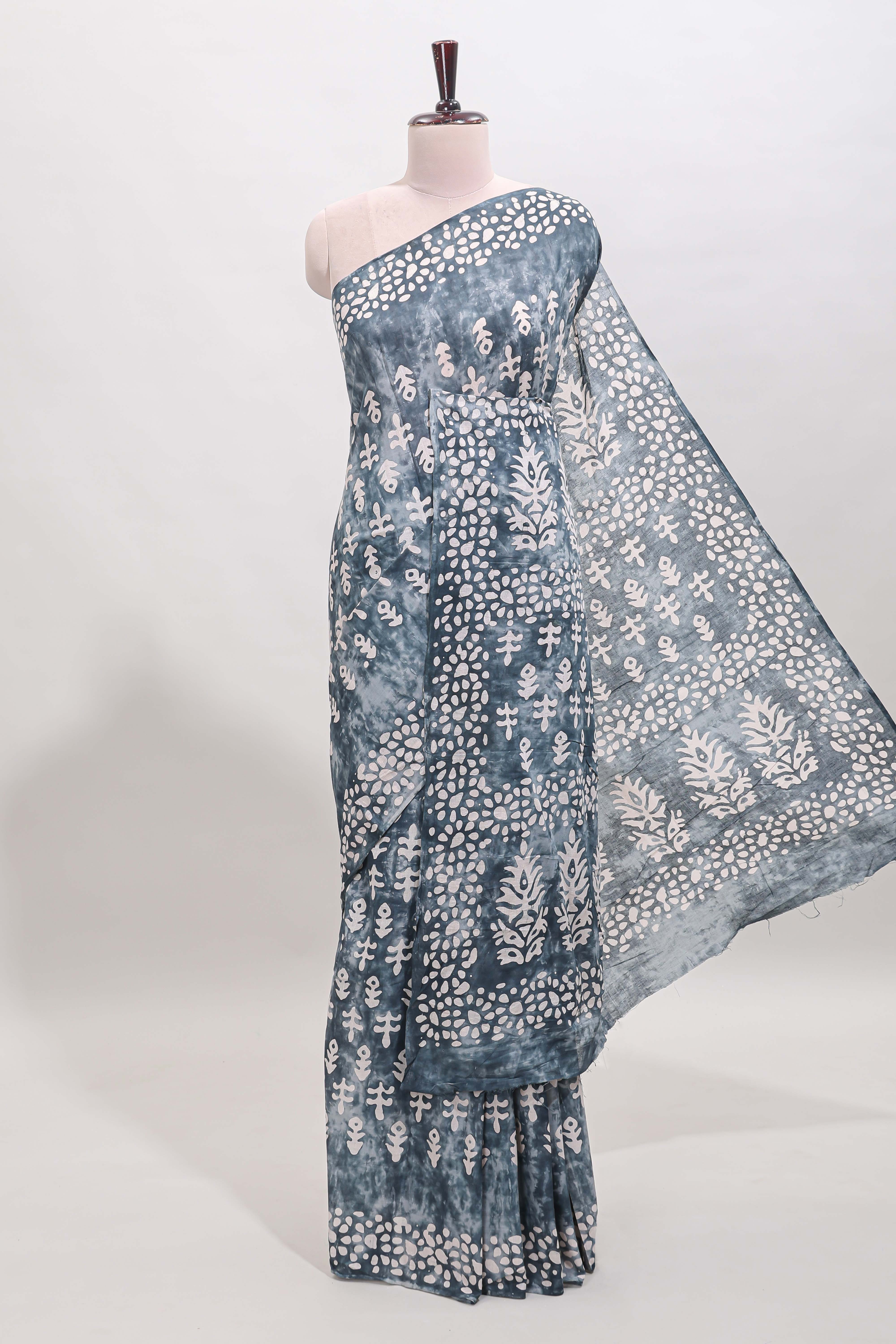 Borderless grey dabu print mul mul cotton saree with matching blouse