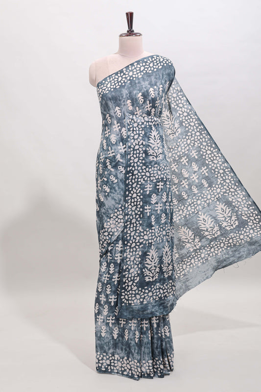 Borderless grey dabu print mul mul cotton saree with matching blouse