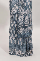 Borderless grey dabu print mul mul cotton saree with matching blouse