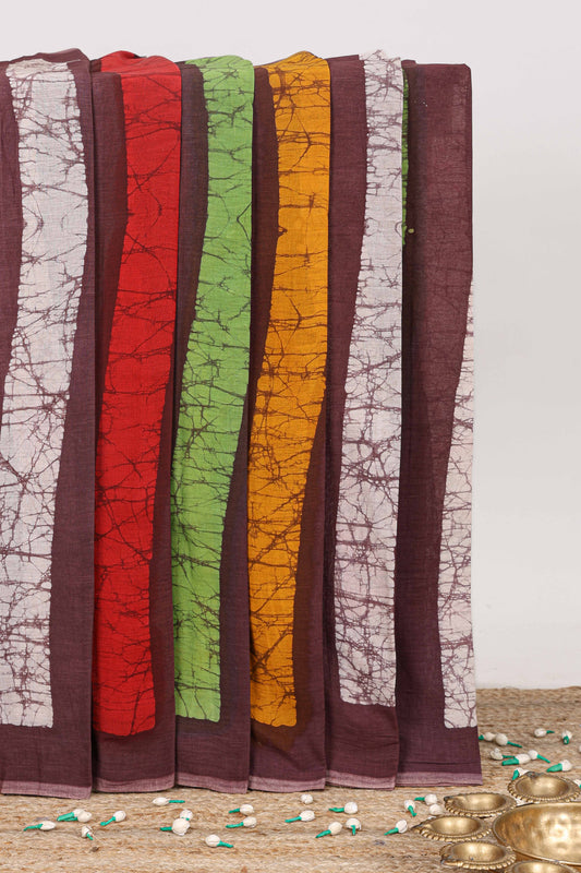 Borderless brown multi shade striped mul mul cotton saree with self design pallu