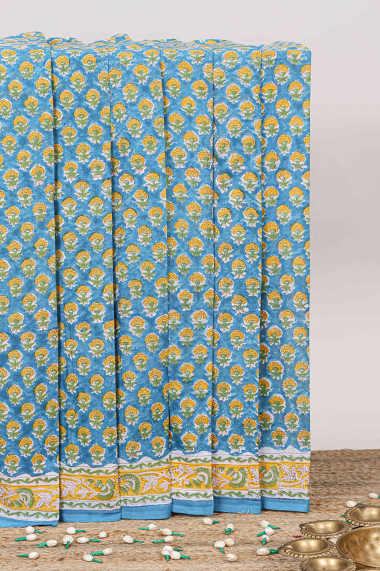 Blue floral design mul mul cotton saree with contrast border and printed pallu