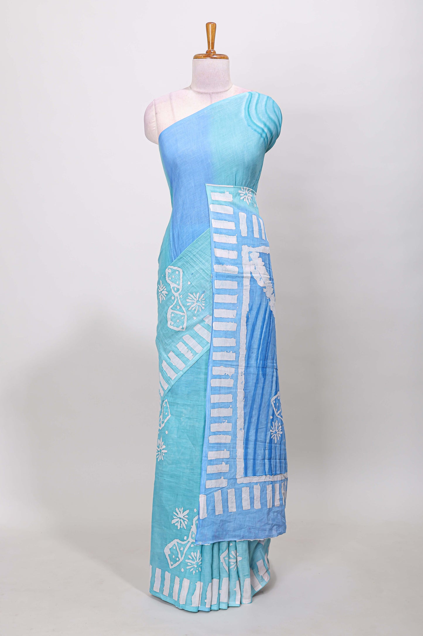 Turquiose green ombre mul mul cotton saree with white hand block prints and self border