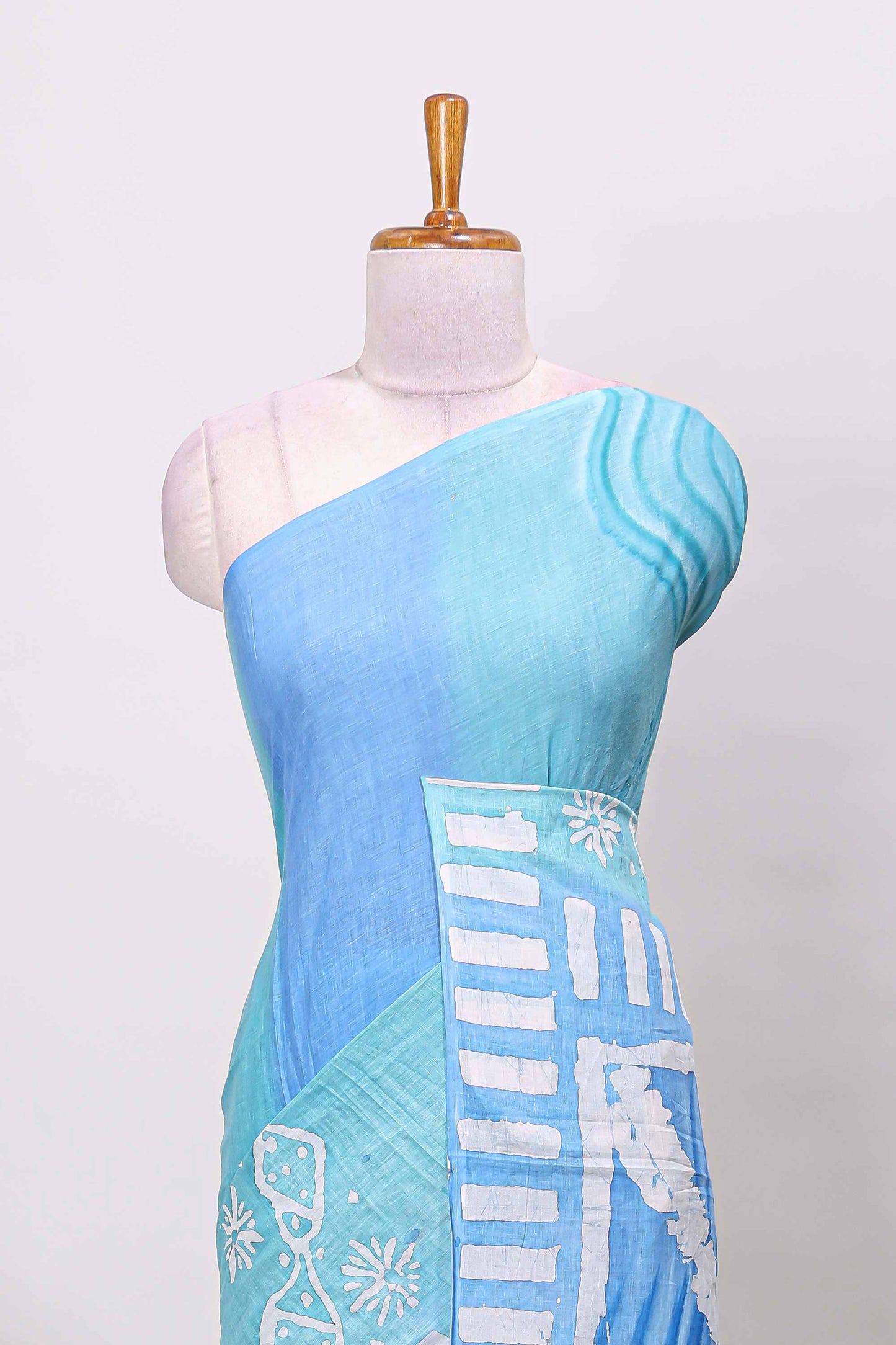 Turquiose green ombre mul mul cotton saree with white hand block prints and self border