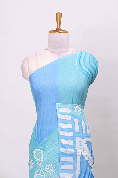 Turquiose green ombre mul mul cotton saree with white hand block prints and self border