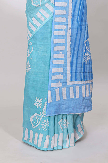 Turquiose green ombre mul mul cotton saree with white hand block prints and self border
