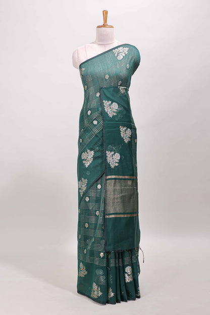 Green checked zari motifs chanderi silk cotton saree with self border and matching striped blouse