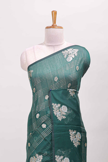 Green checked zari motifs chanderi silk cotton saree with self border and matching striped blouse