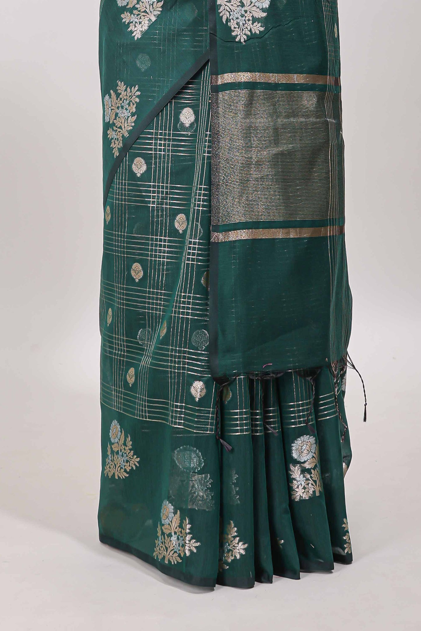 Green checked zari motifs chanderi silk cotton saree with self border and matching striped blouse