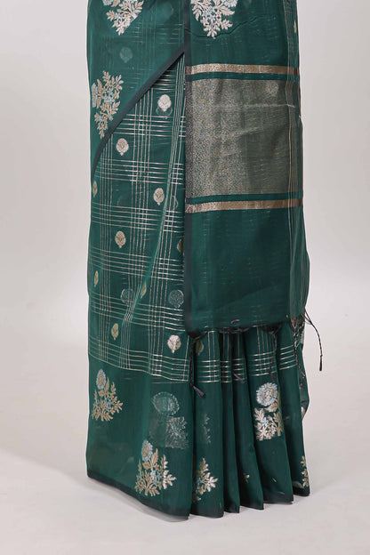 Green checked zari motifs chanderi silk cotton saree with self border and matching striped blouse