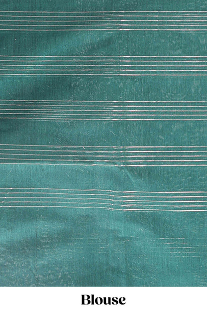 Green checked zari motifs chanderi silk cotton saree with self border and matching striped blouse