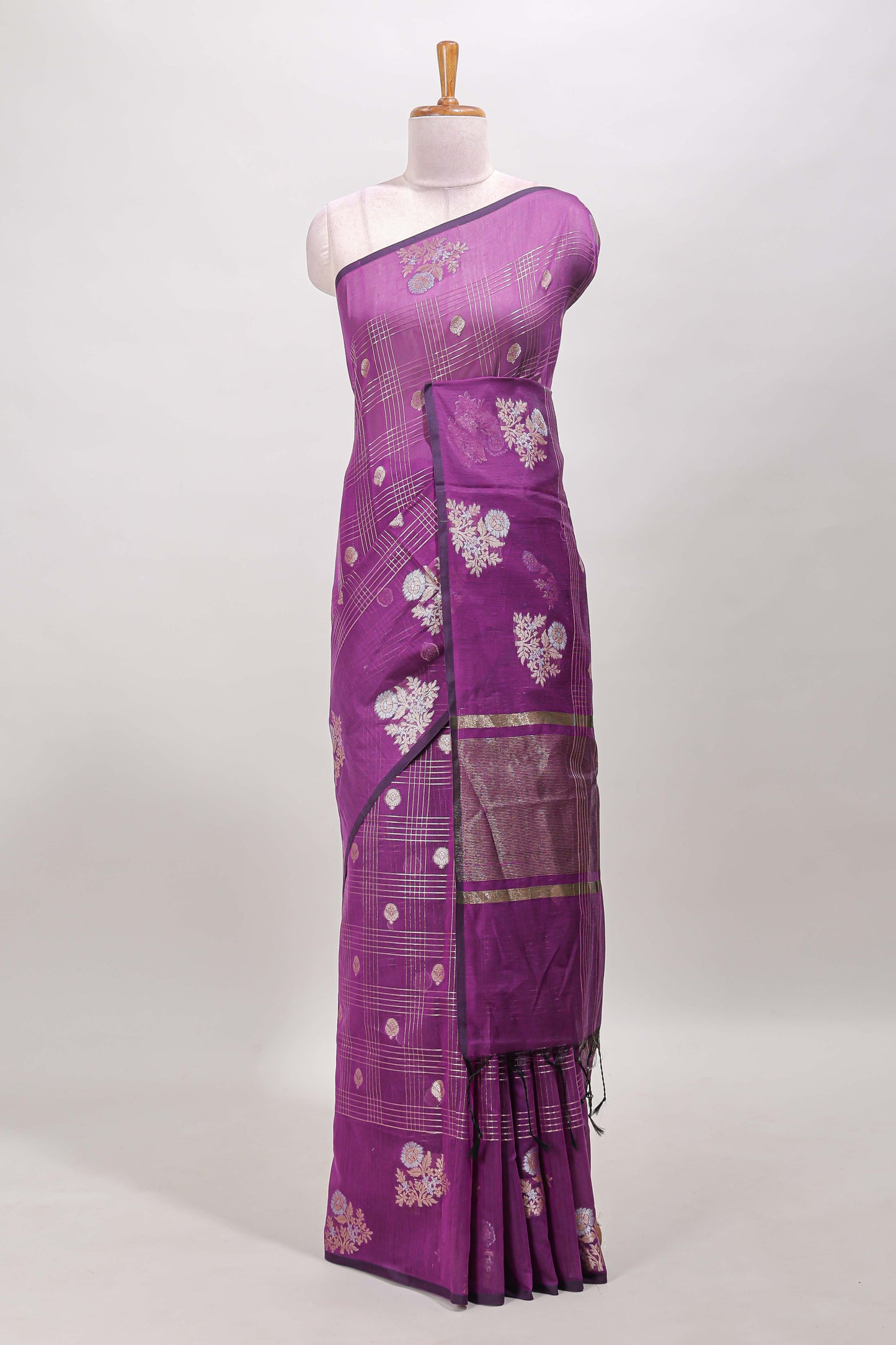 Purple checked zari motifs chanderi silk cotton saree with self border and matching striped blouse