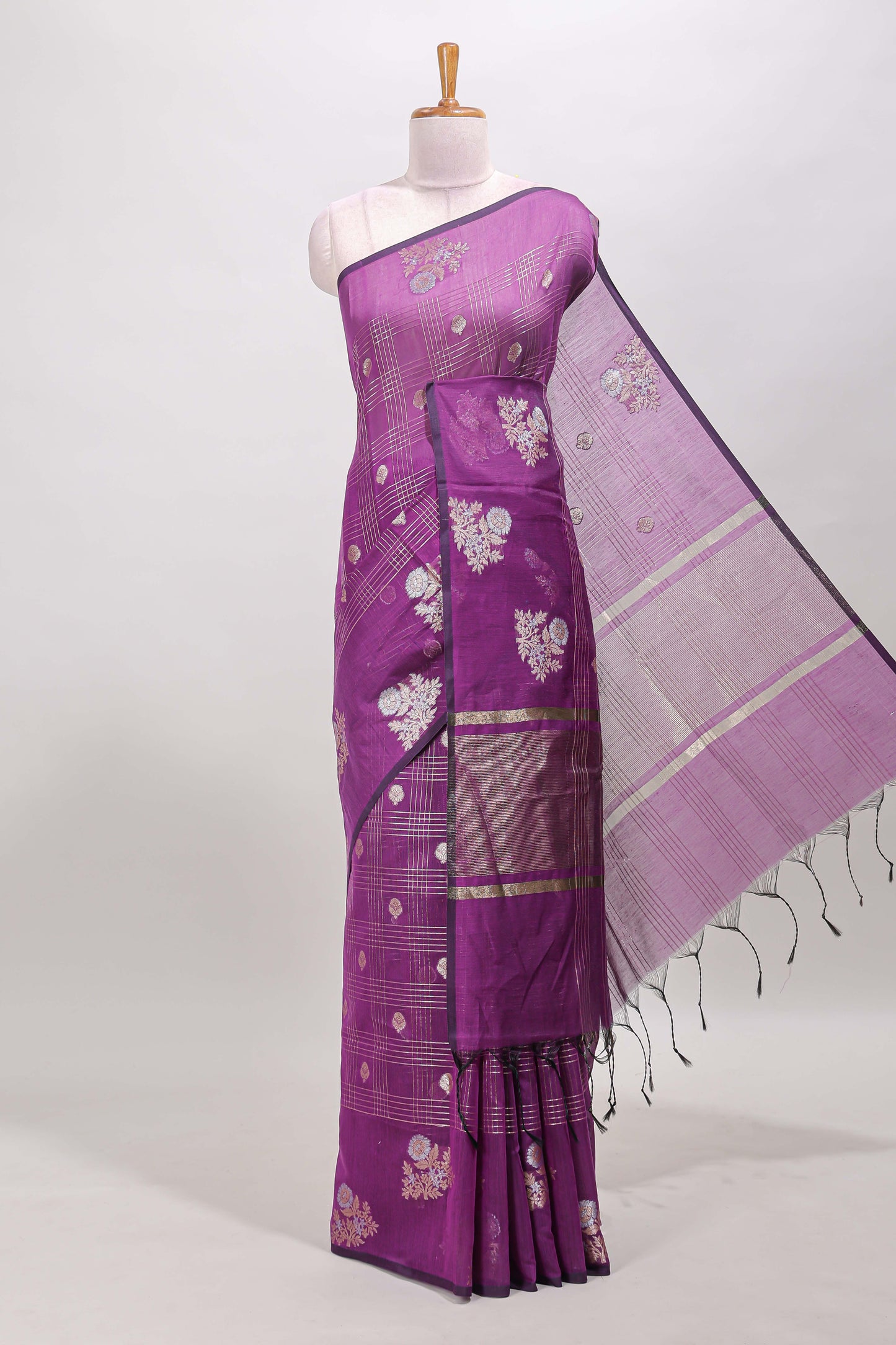 Purple checked zari motifs chanderi silk cotton saree with self border and matching striped blouse