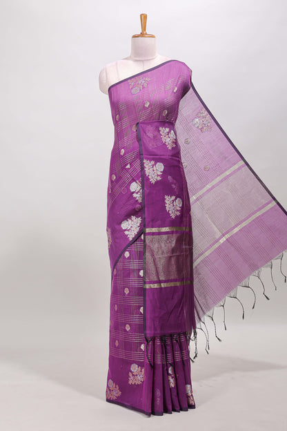 Purple checked zari motifs chanderi silk cotton saree with self border and matching striped blouse