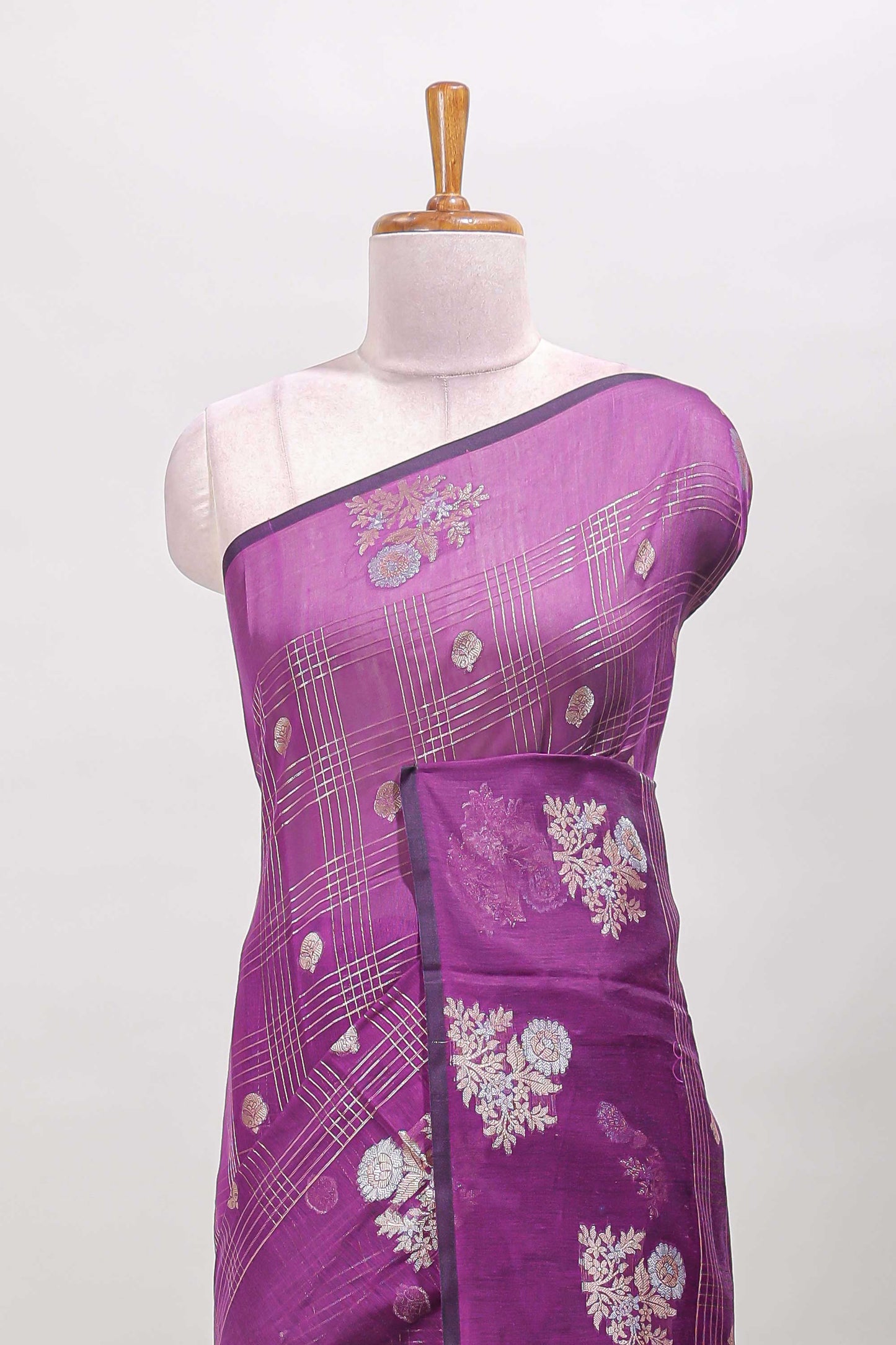 Purple checked zari motifs chanderi silk cotton saree with self border and matching striped blouse