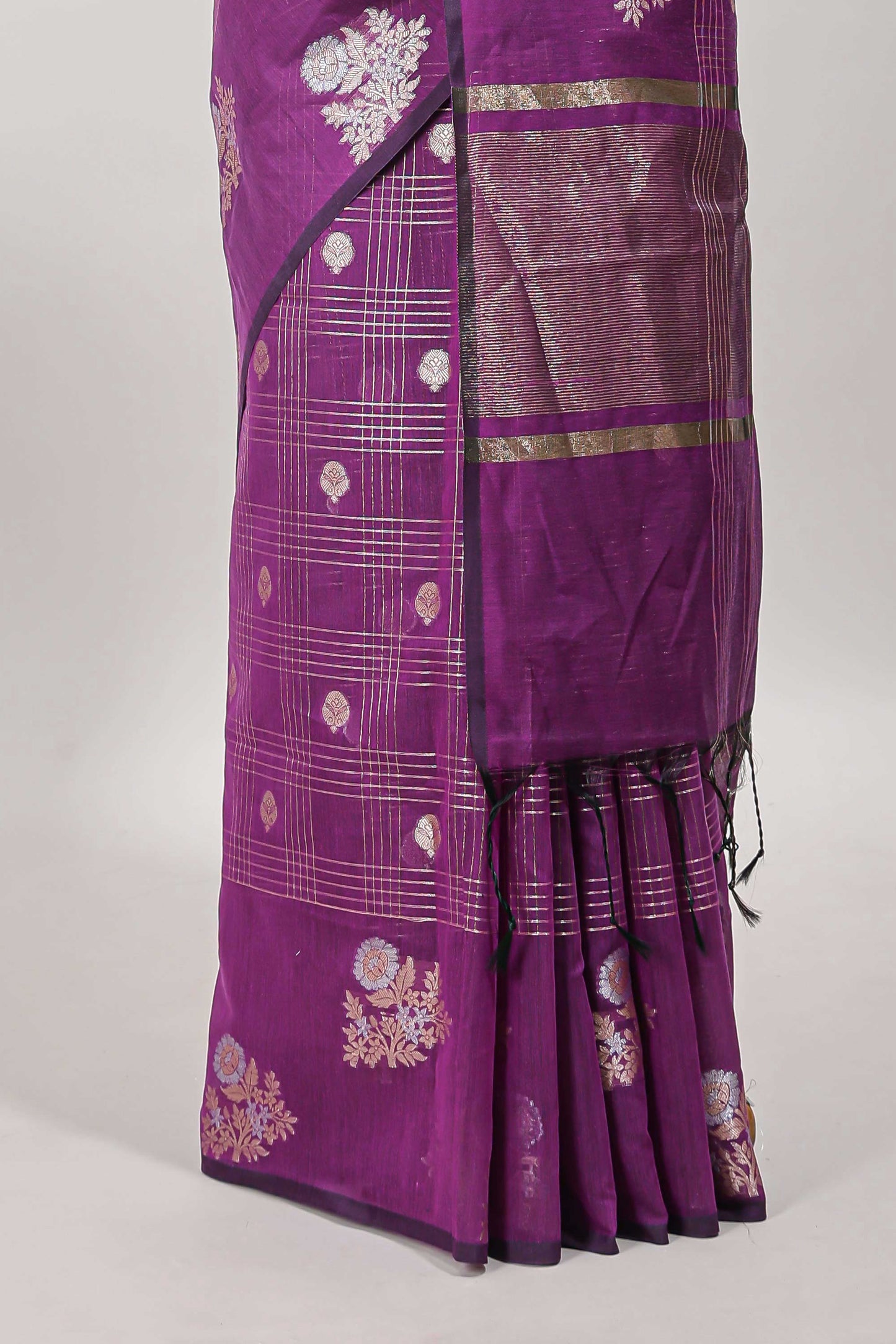 Purple checked zari motifs chanderi silk cotton saree with self border and matching striped blouse