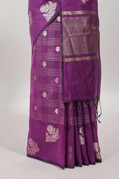 Purple checked zari motifs chanderi silk cotton saree with self border and matching striped blouse