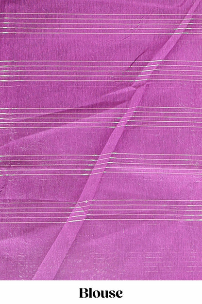 Purple checked zari motifs chanderi silk cotton saree with self border and matching striped blouse