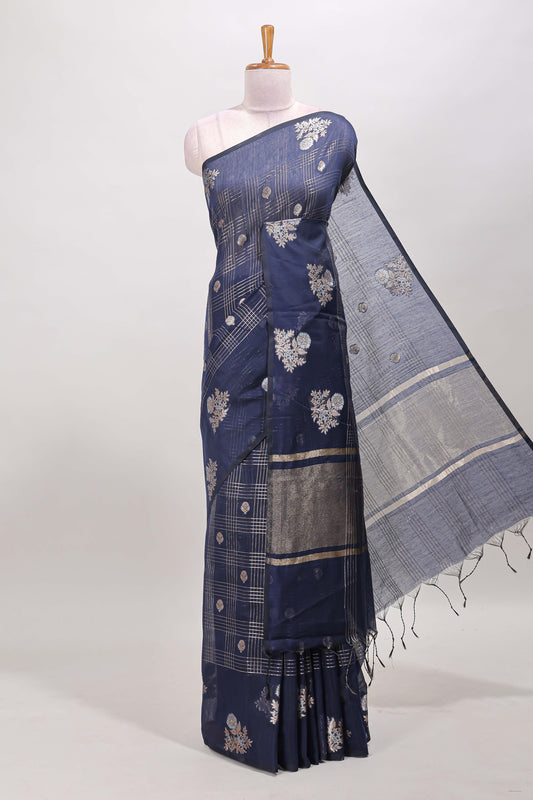 Blue checked zari motifs chanderi silk cotton saree with self border and matching striped blouse