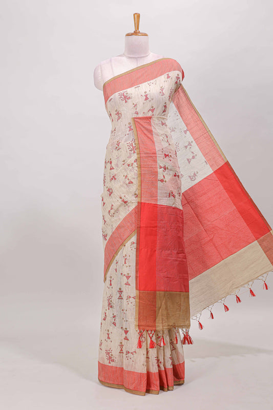 Sandal warli design kota cotton saree with contrast border and matching blouse
