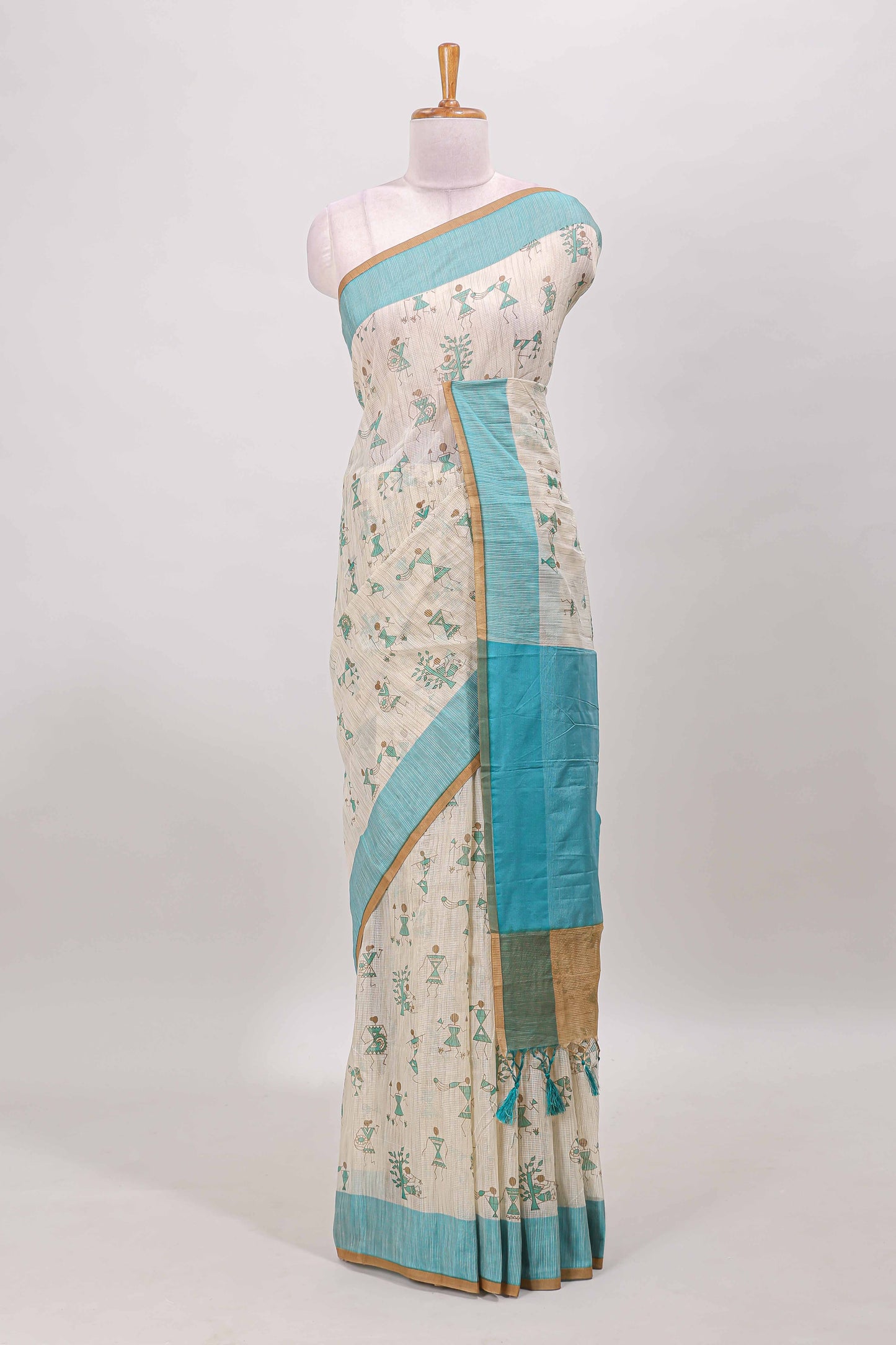 Sandal warli design kota cotton saree with contrast green border and matching blouse