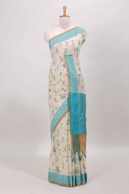 Sandal warli design kota cotton saree with contrast green border and matching blouse