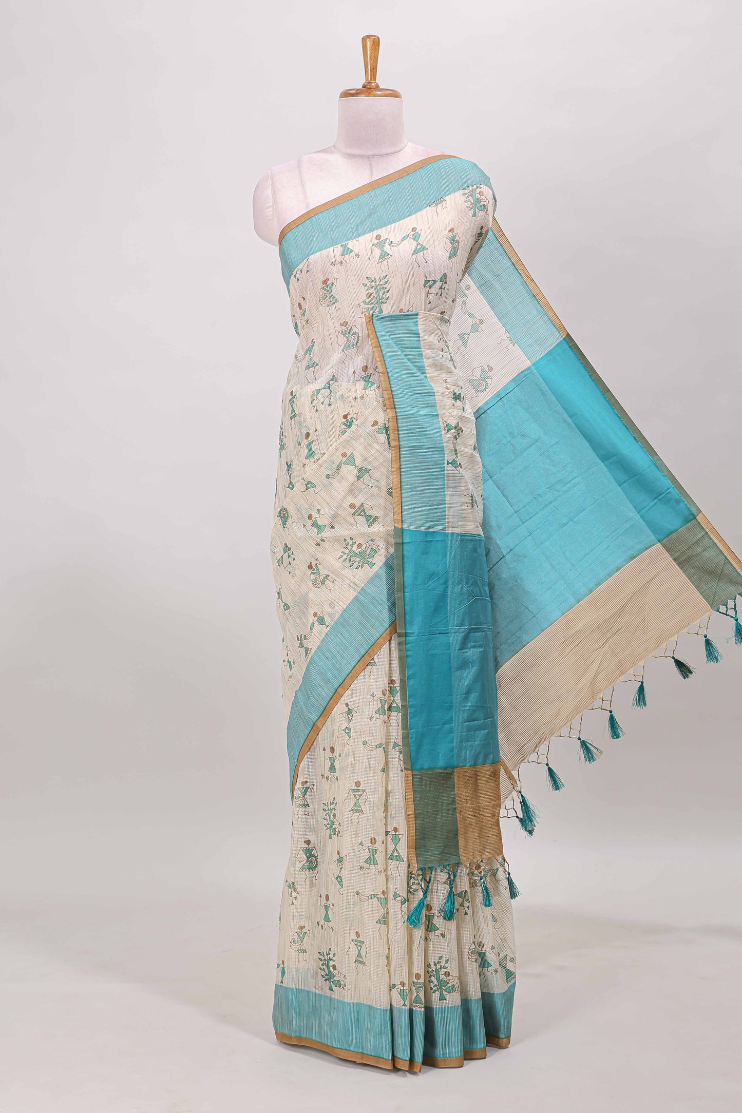 Sandal warli design kota cotton saree with contrast green border and matching blouse