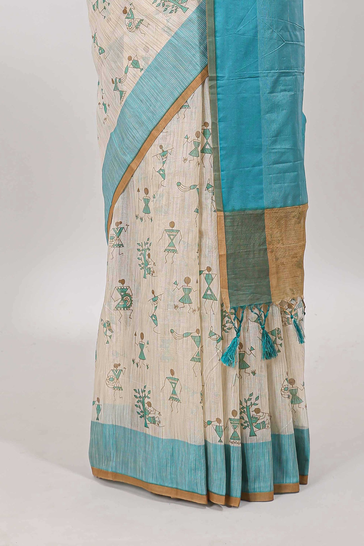 Sandal warli design kota cotton saree with contrast green border and matching blouse