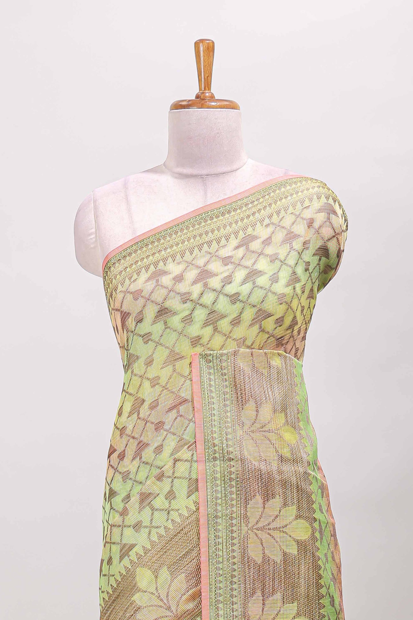 Multi color geometric pattern kota cotton saree with floral zari border and jacquard design blouse