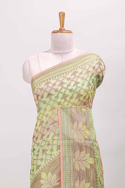 Multi color geometric pattern kota cotton saree with floral zari border and jacquard design blouse