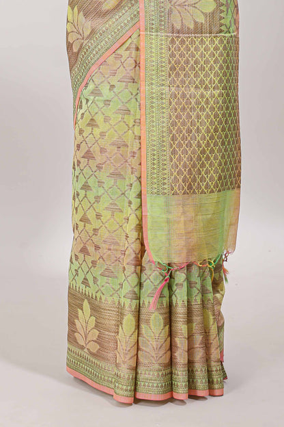 Multi color geometric pattern kota cotton saree with floral zari border and jacquard design blouse
