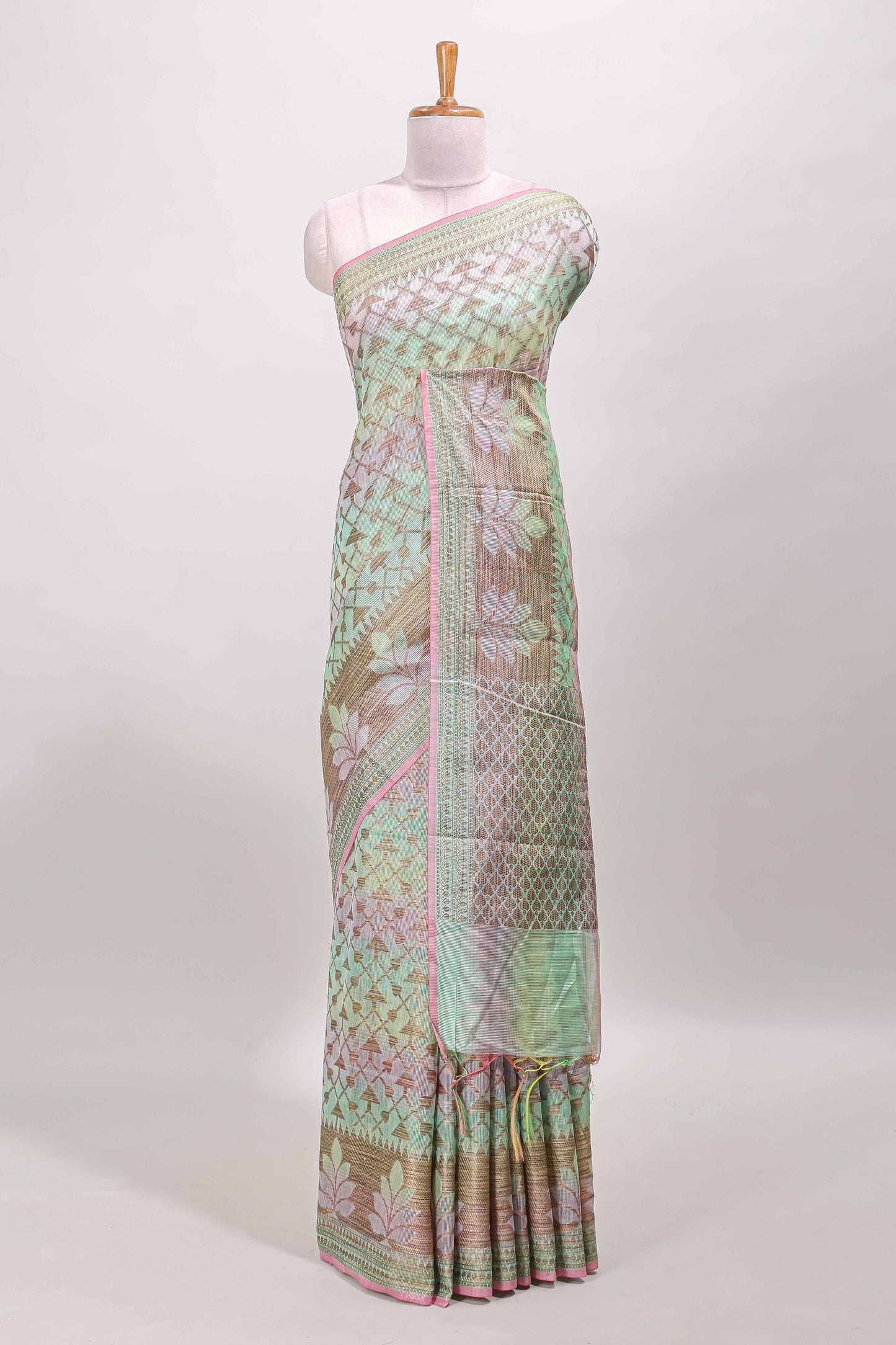 Multi color geometric pattern kota cotton saree with floral zari border and jacquard design blouse