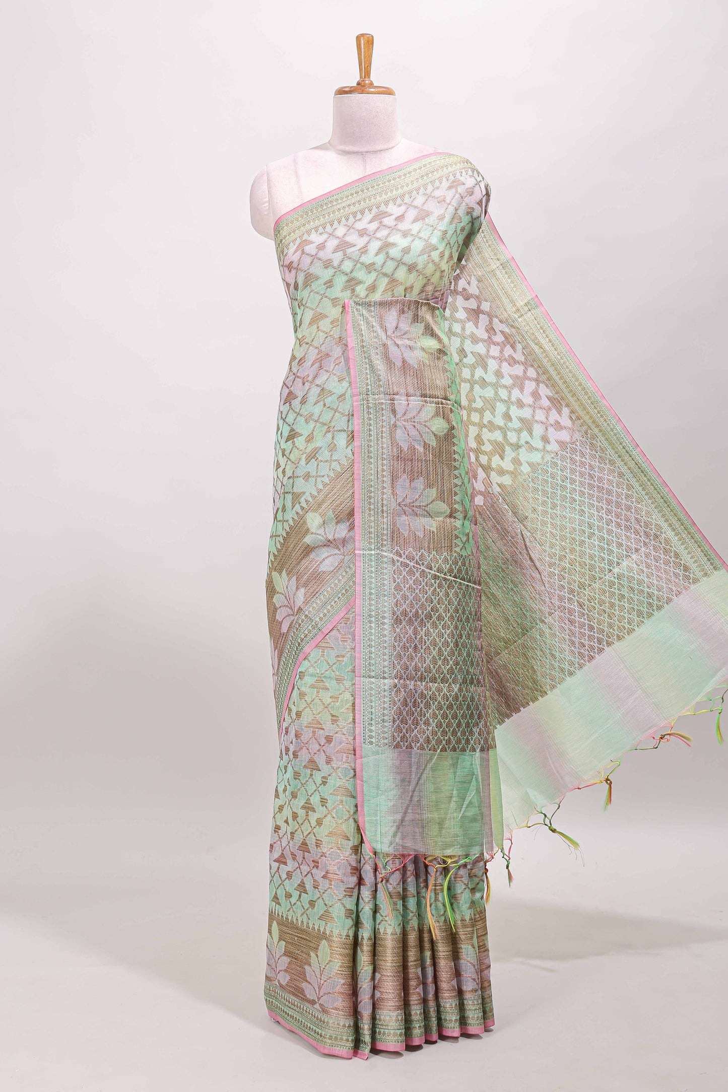 Multi color geometric pattern kota cotton saree with floral zari border and jacquard design blouse