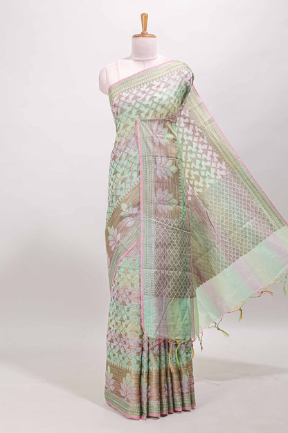 Multi color geometric pattern kota cotton saree with floral zari border and jacquard design blouse