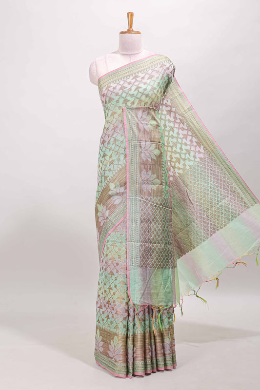 Multi color geometric pattern kota cotton saree with floral zari border and jacquard design blouse
