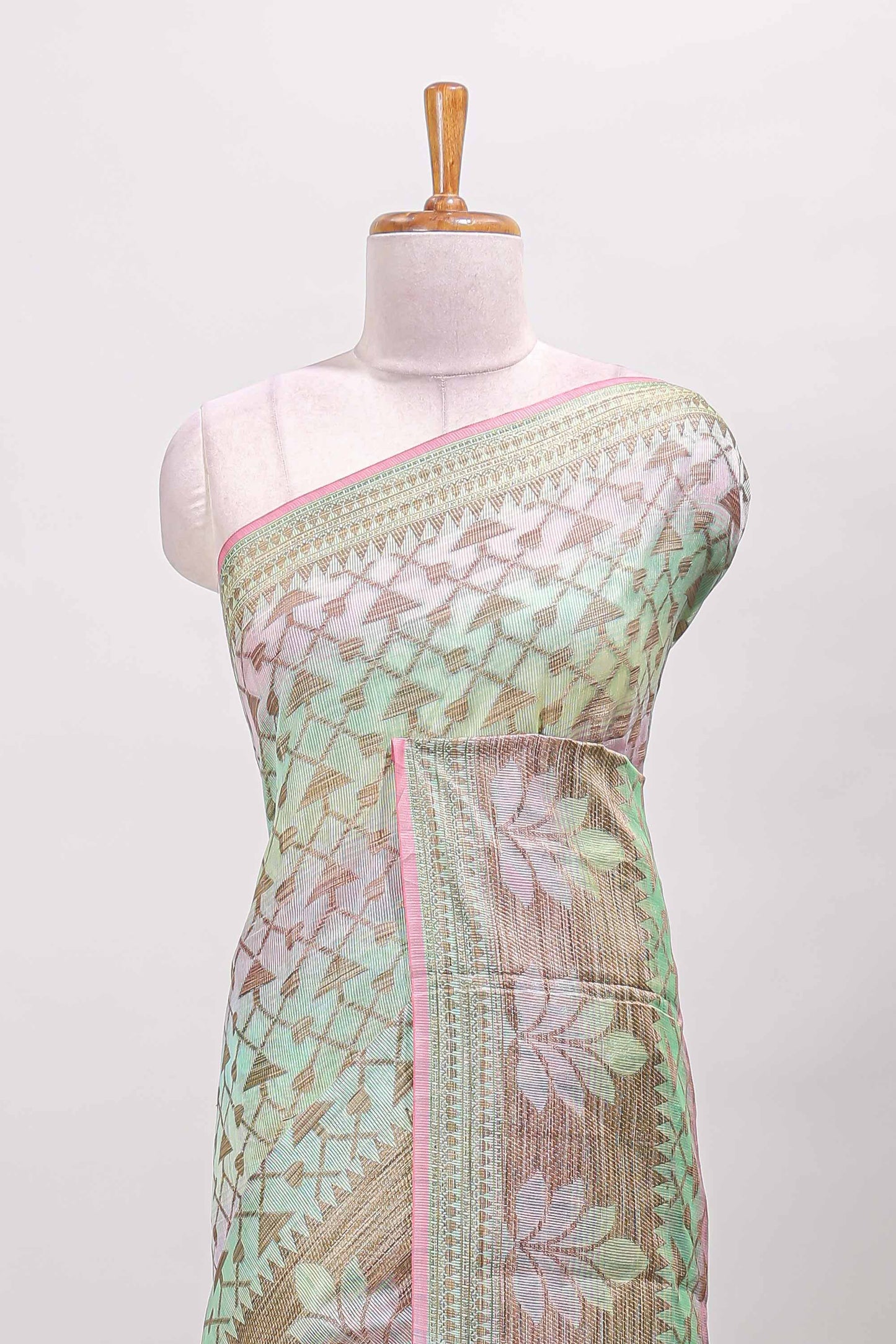 Multi color geometric pattern kota cotton saree with floral zari border and jacquard design blouse