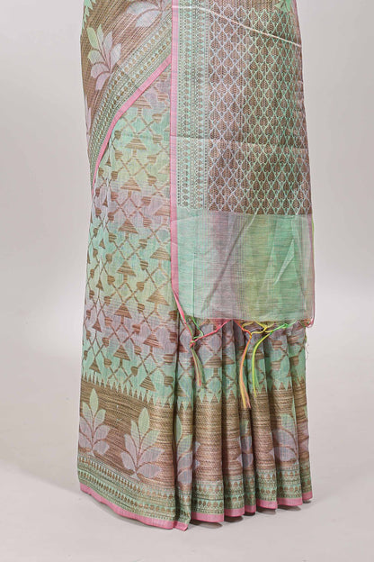 Multi color geometric pattern kota cotton saree with floral zari border and jacquard design blouse
