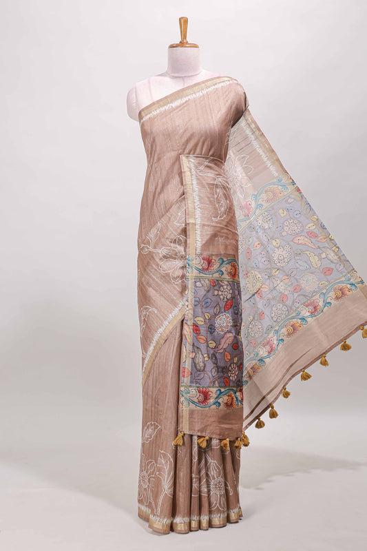 Brown floral design art tussar saree with self zari border and contrast floral print pallu