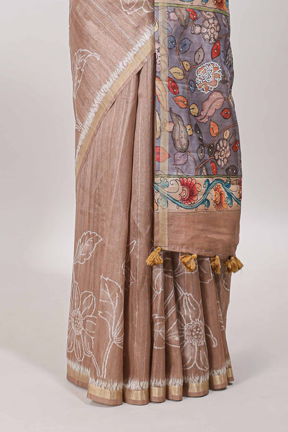 Brown floral design art tussar saree with self zari border and contrast floral print pallu
