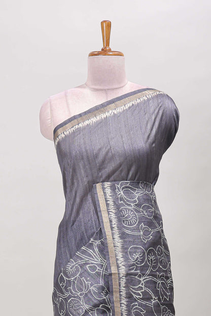 Grey floral design art tussar saree with self zari border and contrast floral print pallu