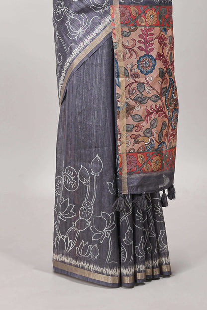 Grey floral design art tussar saree with self zari border and contrast floral print pallu