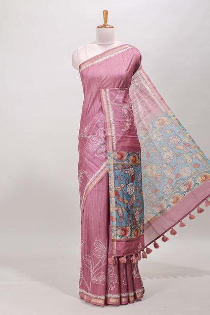 Peach floral design art tussar saree with self zari border and contrast floral print pallu