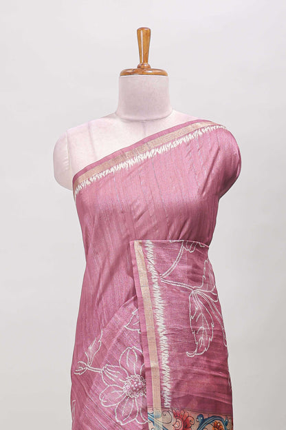 Peach floral design art tussar saree with self zari border and contrast floral print pallu