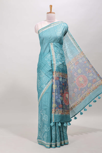 Turquoise green floral design art tussar saree with self zari border and contrast floral print pallu