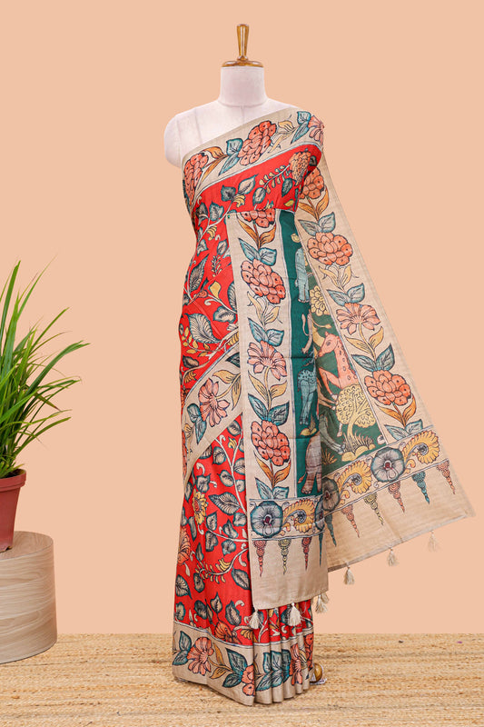 Red art tussar silk saree with leaf and floral printed body, cream border, and floral & animal print pallu