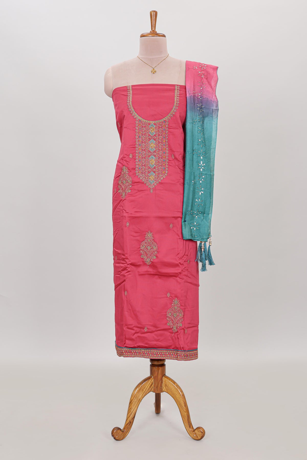 Pink embroidery chudidhar material with contrast solid pant and embroidery dupatta