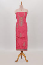 Pink embroidery chudidhar material with contrast solid pant and embroidery dupatta